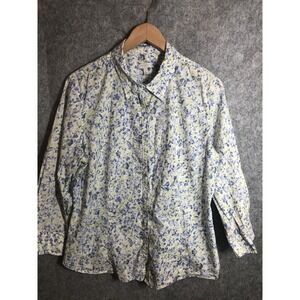 Talbots Shirt Womens Large Blue Floral Button Front Collared Cotton Top Casual